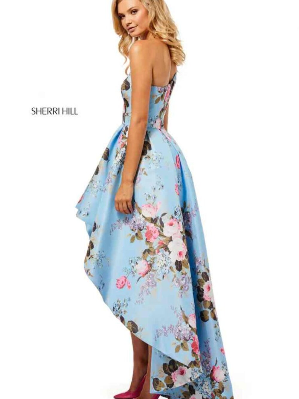 Sherri Hill Blue One-shoulder floral print taffeta high-low Party Dress Size 8 - Picture 5 of 5